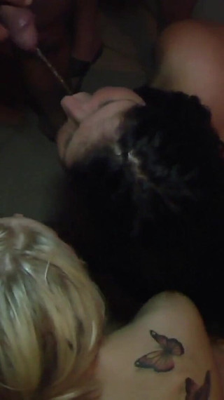 Big Tittied Tattoed Blonde Babe and Black Haired Babe Get Goldenshowered by Many Guys in the Shower