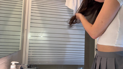 Long Legs Cute Beauty College Girl in a School Uniform Mini Skirt Flashes Pussy and Ass in Black Stockings